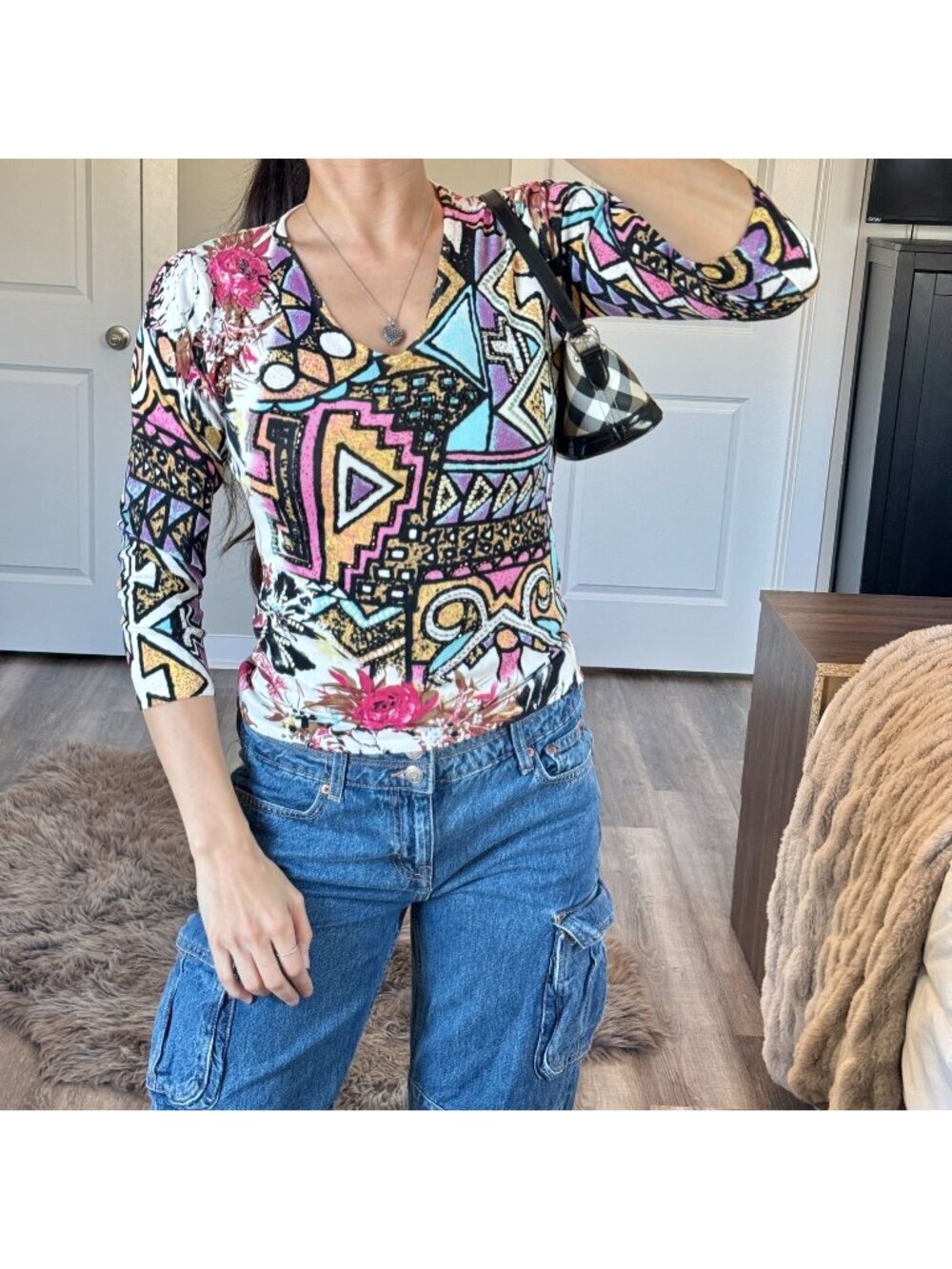 Y2K Abstract Beaded Shirt Indie McBling Artsy Top Vintage Statement 2000s Size M